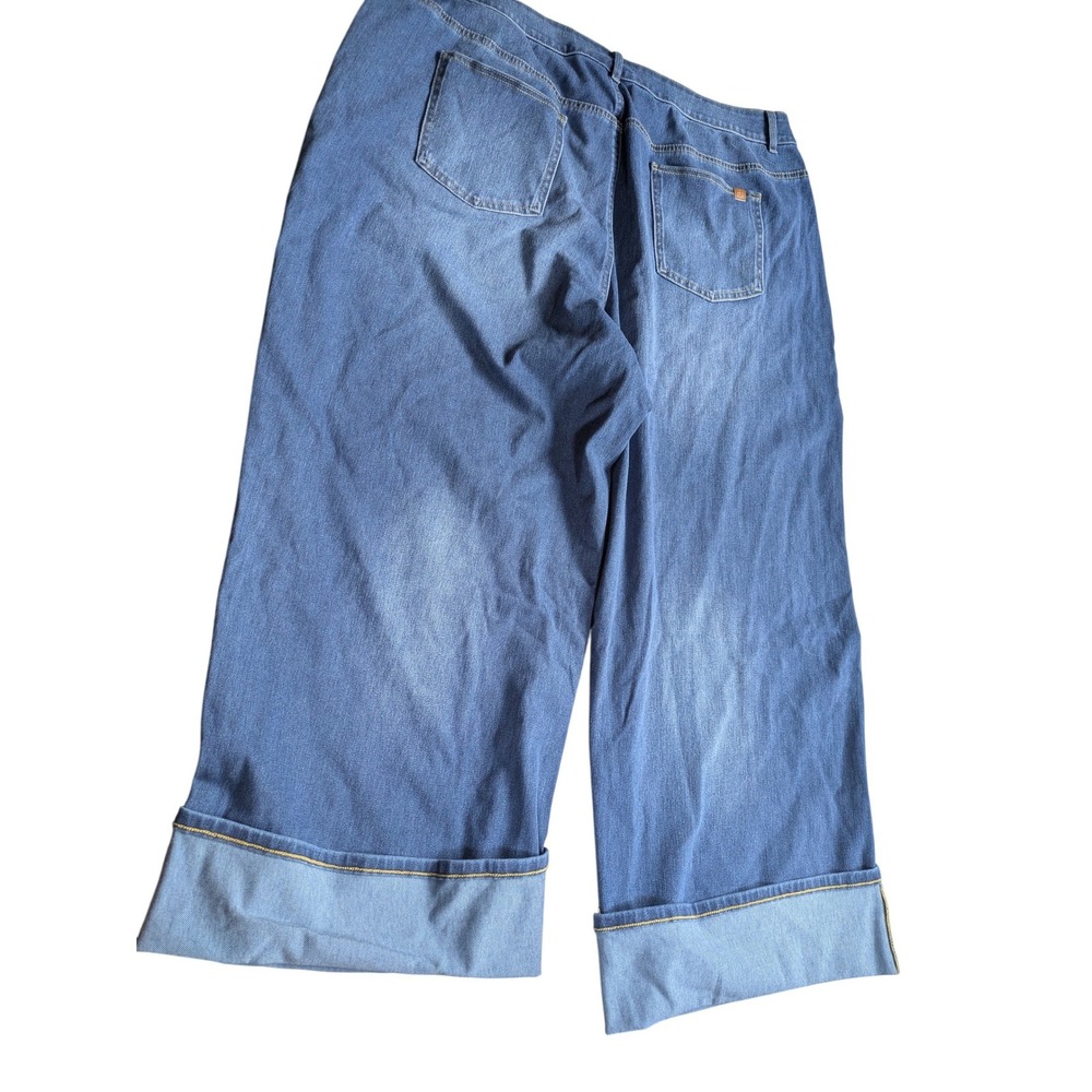 HALARA Wide Leg Flared Jeans in Dark Blue with Cuffed Hem - Picture 3 of 12
